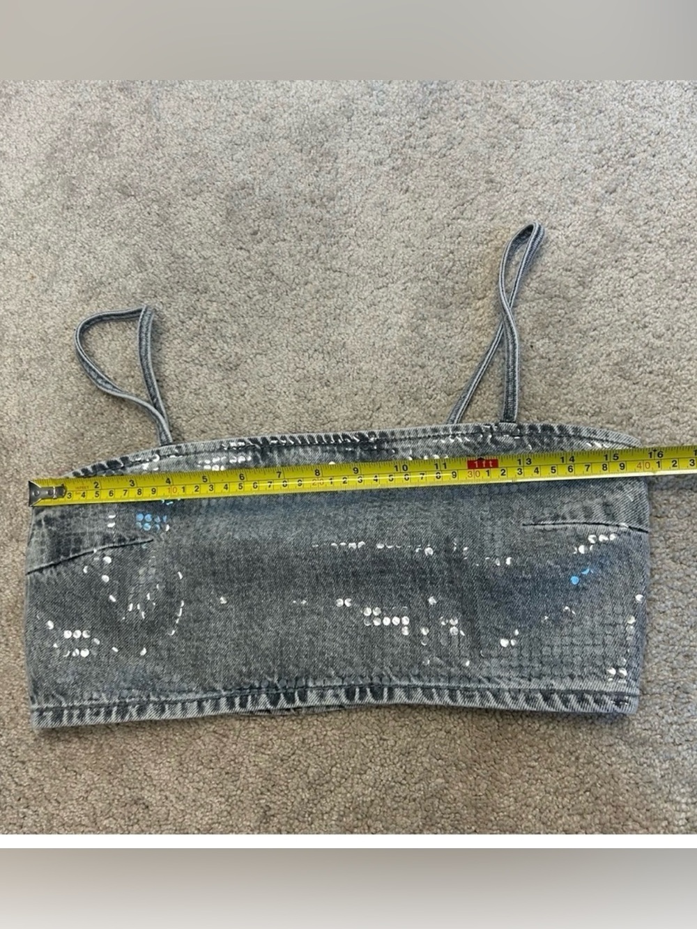Zara TRF gray foil sequin embellished denim jean crop top sparkly S NWOT - Picture 10 of 13